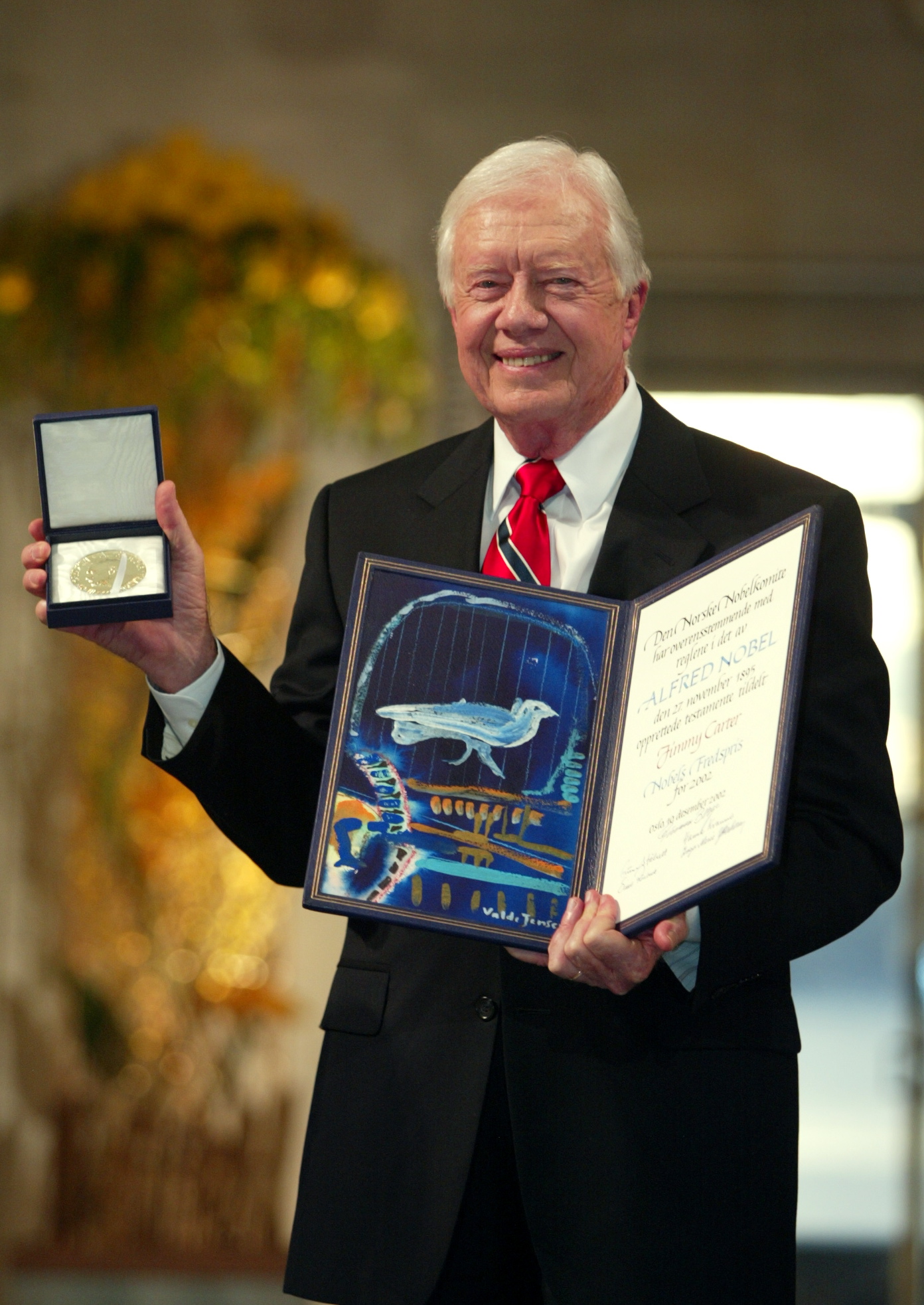 Former President Jimmy Carter receives the 2002 Nobel Peace Prize in Oslo City Hall, Norway on Tuesday, Dec. 10, 2002. He became the only man to receive the Nobel Peace Prize for work done after his time in office.