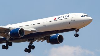 Delta Air Lines Airbus A330-300 landing at Athens International Airport AIA ,LGAV / ATH Eleftherios Venizelos, with registration N806NW, a former Northwest Airlines Airplane.