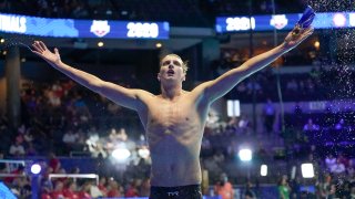 Kieran Smith celebrates after winning the Men's 400 Freestyle during wave 2 of the U.S. Olympic Swim Trials on Sunday, June 13, 2021, in Omaha, Nebraska.
