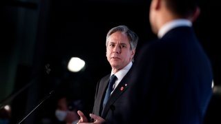 Secretary of State Antony Blinken, accompanied by Italy's Foreign Minister Luigi Di Maio, speaks during a news conference at Fiera Roma in Rome, Monday, June 28, 2021. Blinken is on a week long trip in Europe traveling to Germany, France and Italy.