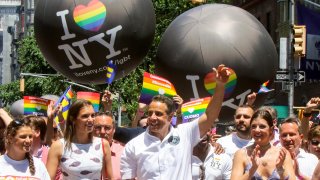 Andrew Cuomo with his daughters Michaela Cuomo, Mariah Cuomo and Cara Cuomo are seen at the World Pride NYC on June 30, 2019 in New York City