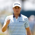 Justin Thomas of the United States waves on the sixth green during the first round of the 2021 U.S. Open at Torrey Pines Golf Course (South Course) on June 17, 2021 in San Diego, California.