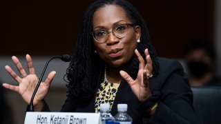 FILE - Ketanji Brown Jackson, nominated to be a U.S. Circuit Judge for the District of Columbia Circuit, testifies before a Senate Judiciary Committee hearing on pending judicial nominations, April 28, 2021, on Capitol Hill in Washington.