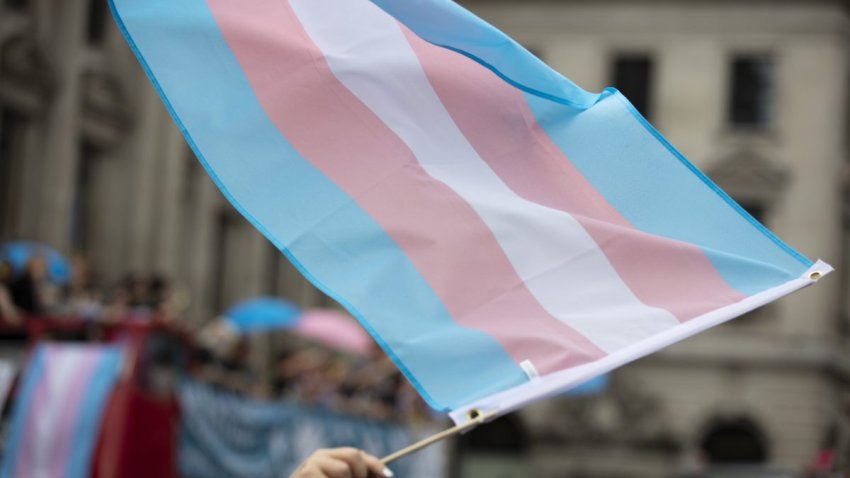 A transgender flag being waved at LGBT gay pride march