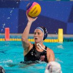 United States' Kaleigh Gilchrist plays against Japan during a preliminary round women's water polo match at the 2020 Summer Olympics, Saturday, July 24, 2021, in Tokyo, Japan.