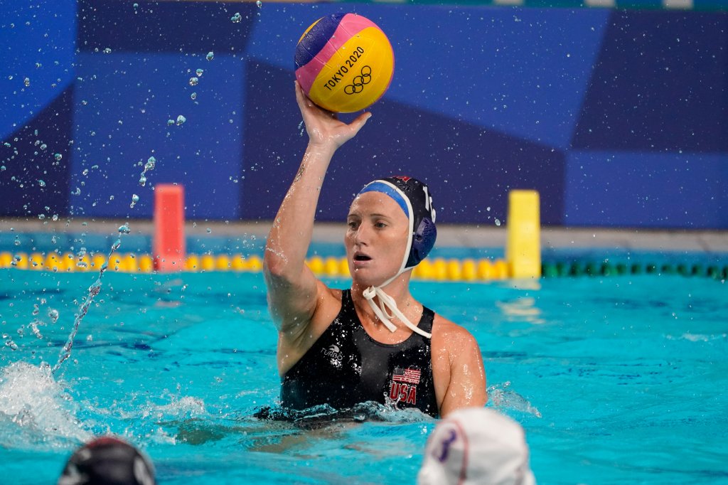 United States' Kaleigh Gilchrist plays against Japan during a preliminary round women's water polo match at the 2020 Summer Olympics, Saturday, July 24, 2021, in Tokyo, Japan.