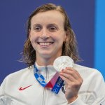 Katie Ledecky, of the United States poses with her silver medal in the women's 400-meters freestyle at the 2020 Olympics on July 26, 2021, in Tokyo, Japan.