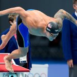 Caeleb Dressel of the United States starts in his men's 100-meter freestyle semifinal at the 2020 Summer Olympics, Wednesday, July 28, 2021, in Tokyo, Japan.