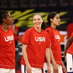 Sue Bird #6 of the USA Basketball Women's National Team smiles before the game against the Nigeria Women's National Team on July 18, 2021 at Michelob ULTRA Arena in Las Vegas, Nevada.