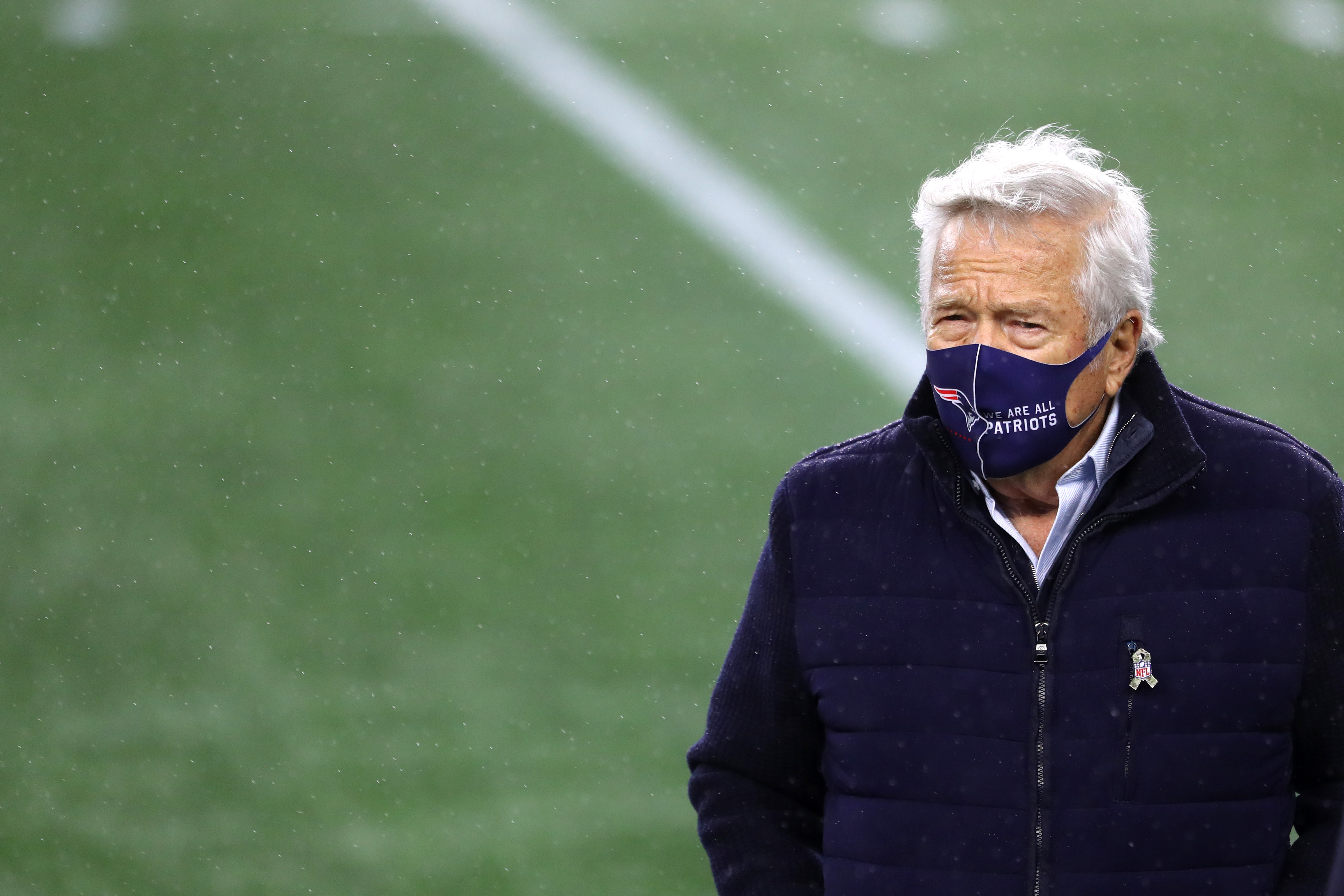 This Nov. 15, 2020, file photo shows New England Patriots owner Robert Kraft before the game between the Patriots and the Baltimore Ravens at Gillette Stadium in Foxborough, Massachusetts.