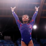 Simone Biles of Team United States competes on vault during Women's Qualification on day two of the Tokyo 2020 Olympic Games