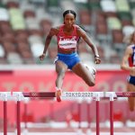 Dalilah Muhammad of Team United States competes in round one of the Women's 400m hurdles heats on day eight of the Tokyo 2020 Olympic Games at Olympic Stadium on July 31, 2021, in Tokyo, Japan.