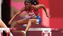 Christina Clemons of Team United States competes in round one of the women's 100m hurdles heats on day eight of the Tokyo 2020 Olympic Games at Olympic Stadium on July 31, 2021, in Tokyo, Japan.