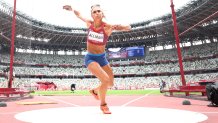 Valarie Allman of Team United States competes in the Women's Discus Throw Qualification on day eight of the Tokyo 2020 Olympic Games at Olympic Stadium on July 31, 2021, in Tokyo, Japan.