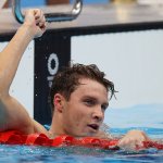 Robert Finke of Team United States reacts after winning the gold medal in the Men's 1500m Freestyle Final on day nine of the Tokyo 2020 Olympic Games at Tokyo Aquatics Centre on August 01, 2021 in Tokyo, Japan.