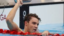 Robert Finke of Team United States reacts after winning the gold medal in the Men's 1500m Freestyle Final on day nine of the Tokyo 2020 Olympic Games at Tokyo Aquatics Centre on August 01, 2021 in Tokyo, Japan.