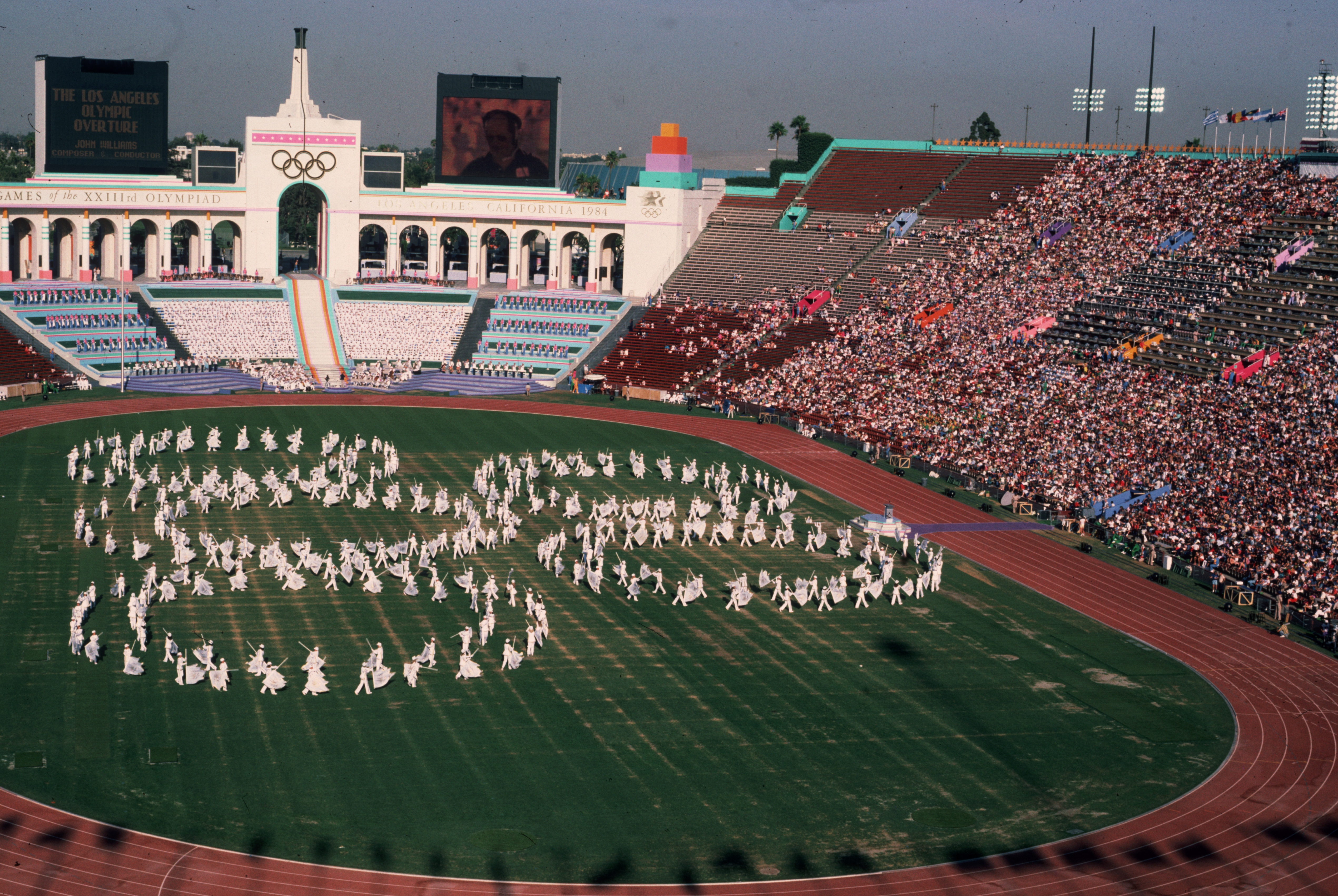A high-angle view of human Olympic ring formations.  (Photo by Hulton Archive/Getty Images)