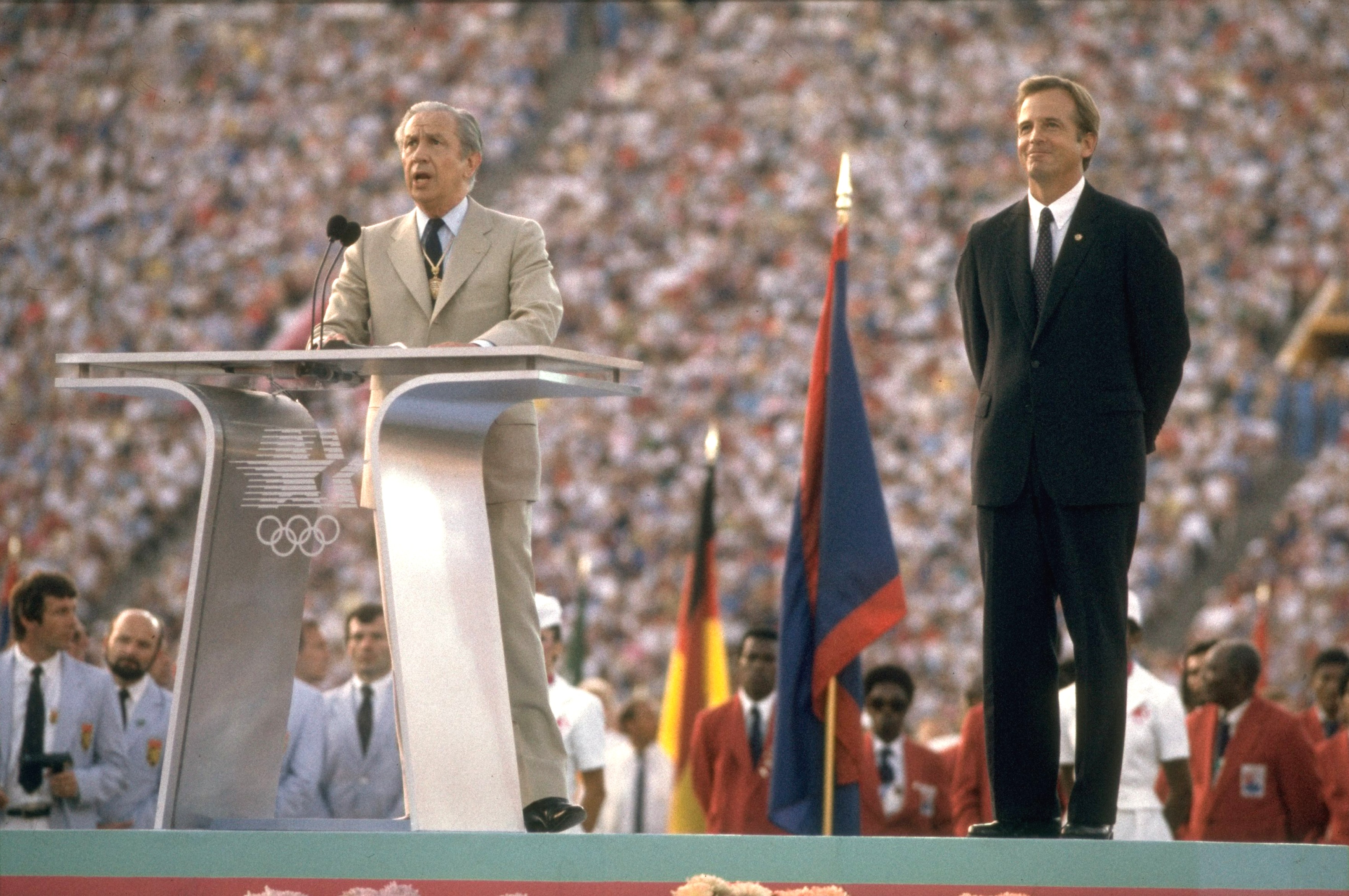 IOC president Juan Antonio Samaranch (L) with USOC president Peter V, Ueberroth (R) on stage.  (Photo by Jerry Cooke/Sports Illustrated via Getty Images)  (SetNumber: X30344)