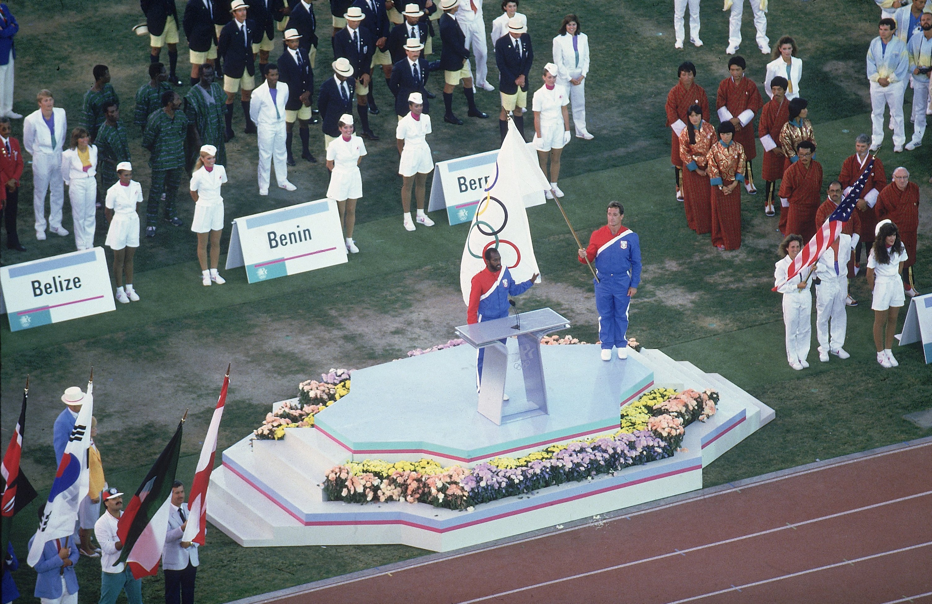 An aerial view of USA hurdler Edwin Moses taking center stage to deliver the Olympic Oath at Memorial Coliseum. CREDIT: Rich Clarkson (Photo by Rich Clarkson /Sports Illustrated via Getty Images) (Set Number: X30345 )