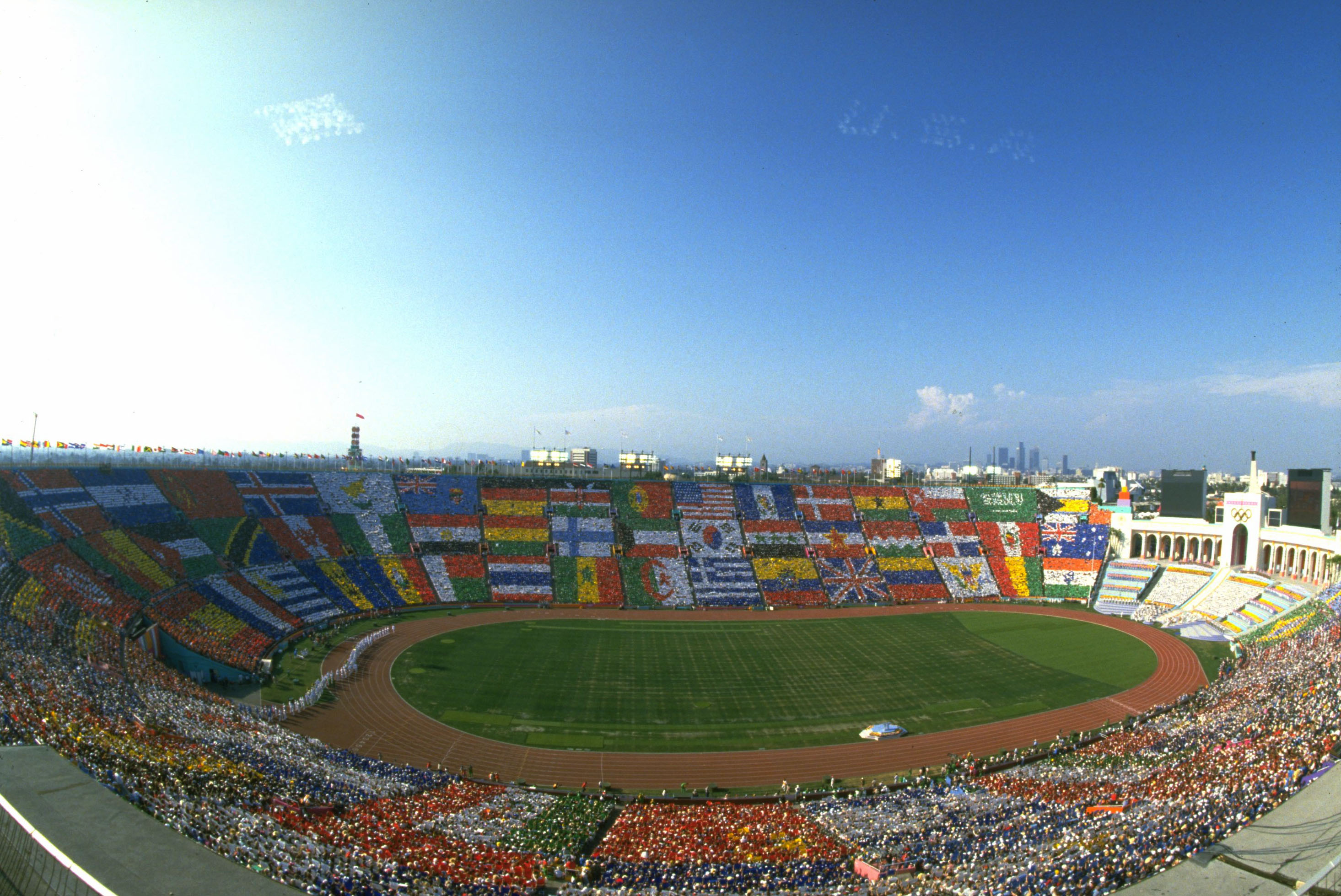 General view of the stadium during the opening ceremony for the XXIII Olympic Summer Games on 28th July 1984 at the Los Angeles Memorial Coliseum in Los Angeles, California, United States. (Photo by Steve Powell/Allsport/Getty Images)