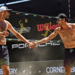 Phil Dalhausser and Nick Lucena celebrate in the finals against Trevor Crabb (not pictured) and Tri Bourne (not pictured) during the Porsche Cup on Aug. 2, 2020, in Long Beach, California.