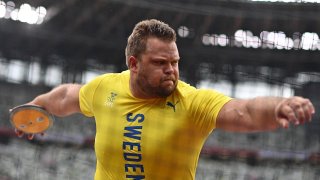 Sweden's Daniel Stahl competes in the men's discus throw qualification during the Tokyo 2020 Olympic Games
