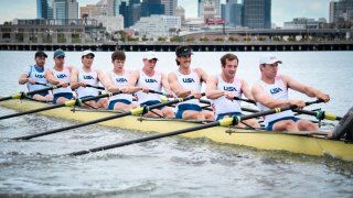 Liam Corrigan (right, in white hat) and Austin Hack (black visor), both of Old Lyme, will be rowing with the U.S. team in the men’s eight in the Tokyo Olympics.