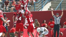 Fresno State wide receiver Ty Jones (8) celebrates a touchdown against Connecticut during the first half of an NCAA college football game in Fresno, Calif., Saturday, Aug. 28, 2021.