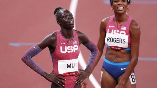 Gold medalist Athing Mu of Team United States and bronze medalist Raevyn Rogers of Team United States celebrate after the Women's 800m Final on day eleven of the Tokyo 2020 Olympic Games