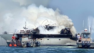 Yacht on fire in Long Island Sound in Branford