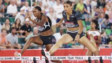 Dalilah Muhammad and Sydney McLaughlin compete in the women's 400m hurdles during the 2020 U.S. Olympic Track & Field Team Trials at Hayward Field in Eugene, Oregon.