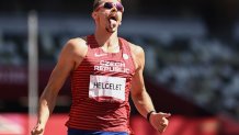 Czech Republic's Adam Sebastian Helcelet reacts after winning the men's decathlon 110m hurdles during the Tokyo 2020 Olympic Games at the Olympic Stadium in Tokyo on Aug. 5, 2021.