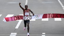 Kenya's Eliud Kipchoge crosses the finish line to win the Men's Marathon final during the Tokyo 2020 Olympic Games in Sapporo, Japan on Aug. 8, 2021.