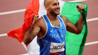 Lamont Marcell Jacobs of Team Italy celebrates after winning gold in the Men's 100m Final