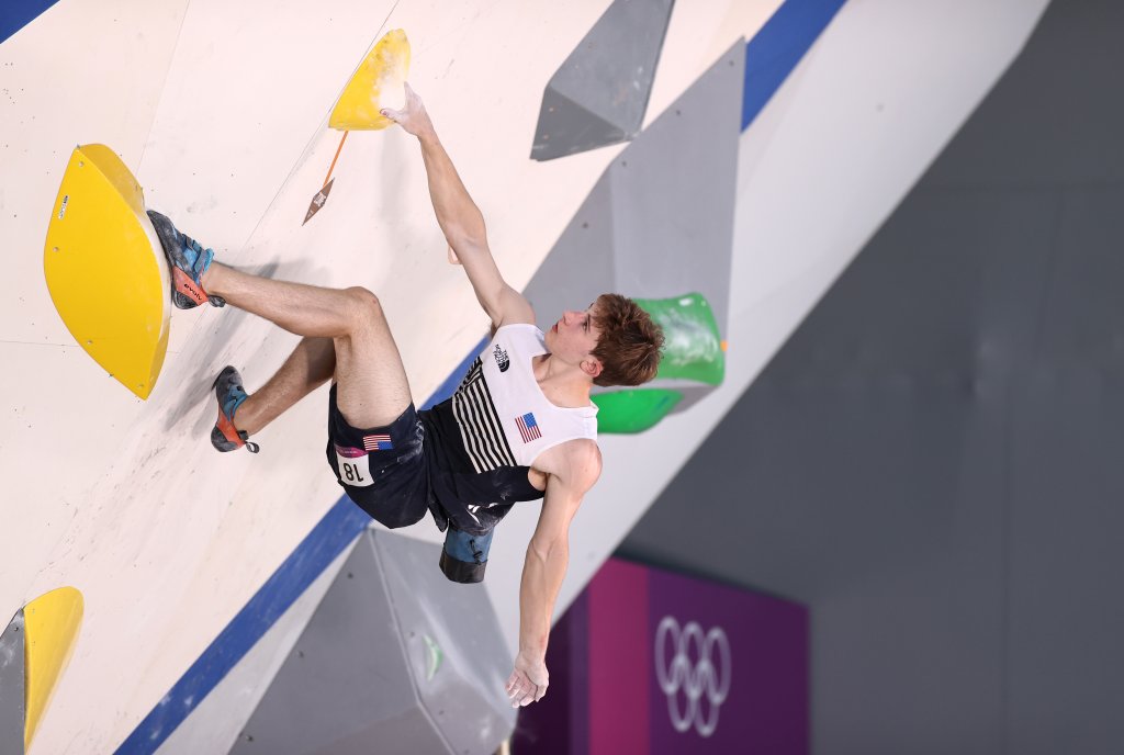 Colin Duffy of The United States of America during the Sport Climbing Men's Combined, Bouldering Qualification on day eleven of the Tokyo 2020 Olympic Games