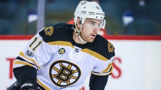 Mar 15, 2017; Calgary, Alberta, CAN; Boston Bruins right wing Jimmy Hayes (11) skates during the warmup period against the Calgary Flames at Scotiabank Saddledome. Mandatory Credit: Sergei Belski-USA TODAY Sports