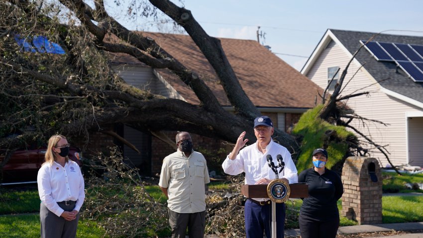 President Joe Biden speaks as he tours a neighborhood impacted by Hurricane Ida,
