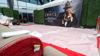 The red carpet area is readied for the Emmy Awards 2021 at L.A. Live, in Los Angeles