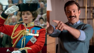 This combination of photos shows, from left, Olivia Colman in "The Crown" and Jason Sudeikis in "Ted Lasso."