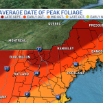 A map showing average peak foliage color change dates in New Hampshire, Vermont and New England