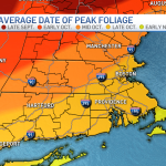 A map showing average peak foliage color change dates in Massachusetts, Rhode Island and Connecticut