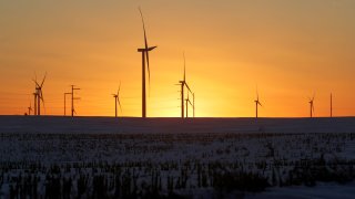 A wind farm shares space with corn fields the day before the Iowa caucuses, where agriculture and clean energy are key issues, in Latimer, Iowa, U.S. February 2, 2020.