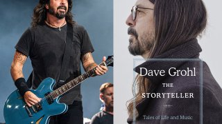 This combination photo shows Dave Grohl of the Foo Fighters performing at Bourbon and Beyond Music Festival in Louisville, Ky., on Sept. 20, 2019, left, and "The Storyteller: Tales of Life and Music, a memoir by Grohl.