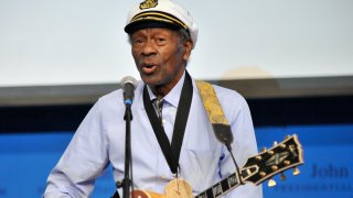 FILE - In this Feb. 26, 2012 file photo, rock 'n' roll legend Chuck Berry performs "Johnny B. Goode" at the John F. Kennedy Presidential Library and Museum in Boston. Dualtone Records is marking Berry's birthday by announcing the release of a live album from the late rock ’n roll legend. “Live From Blueberry Hill” is taken from performances recorded between July 2005 and January 2006 at Blueberry Hill café in St. Louis, one of Berry’s favorite places to play. The album will be released Dec. 17.