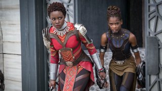 Lupita Nyong'o, left, and Letitia Wright in a scene from Marvel Studios' "Black Panther."