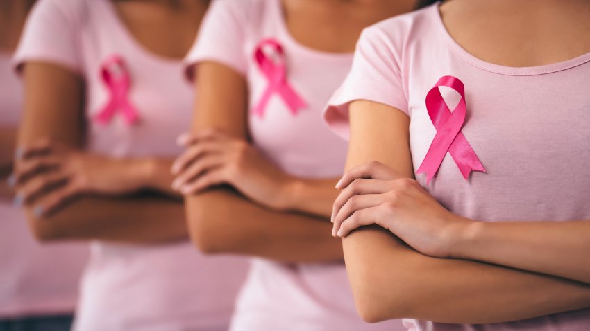 Cropped image of group of young multiracial woman with pink ribbons are struggling against breast cancer. Breast cancer awareness concept.