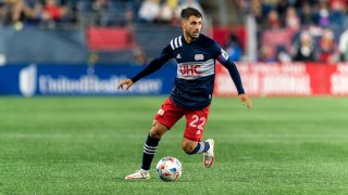 Carles Gil of New England Revolution looks to pass during a game against Chicago Fire FC at Gillette Stadium in Foxboro, Massachusetts, on Saturday, Oct. 16, 2021. (Photo by Andrew Katsampes/ISI Photos/Getty Images)