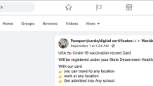 A Facebook post offering a fake vaccination card and promising state registration