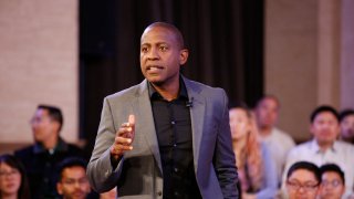 Carlos Watson records a TV debate for Take On America With OZY at The Bently Reserve on October 29, 2018 in San Francisco, California.