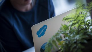 An employee works on a laptop computer at the Salesforce Tower in San Francisco, which opened in 2018. It is among companies that have focused on office air quality as part of building design standards.
